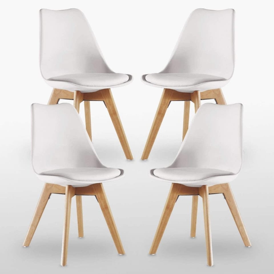 image 1 of 5PCs Dining Set - a White Round Dining Table & Set of 4 White Lorenzo Tulip chairs with Padded Seat | White