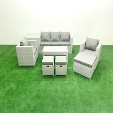 Fimous Rattan Garden Furniture Set 8 Seater Outdoor Garden Sofa Oblong Coffee Table Set with 2 Chairs 3 Stools Side Table Light Grey Mixed