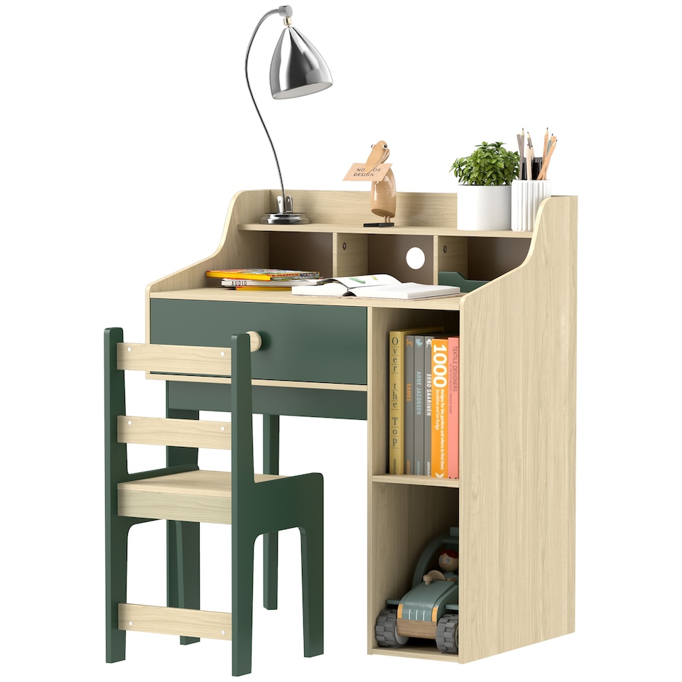 image 1 of AIYAPLAY Kids Desk and Chair Set with Storage Shelves, Drawer | Green