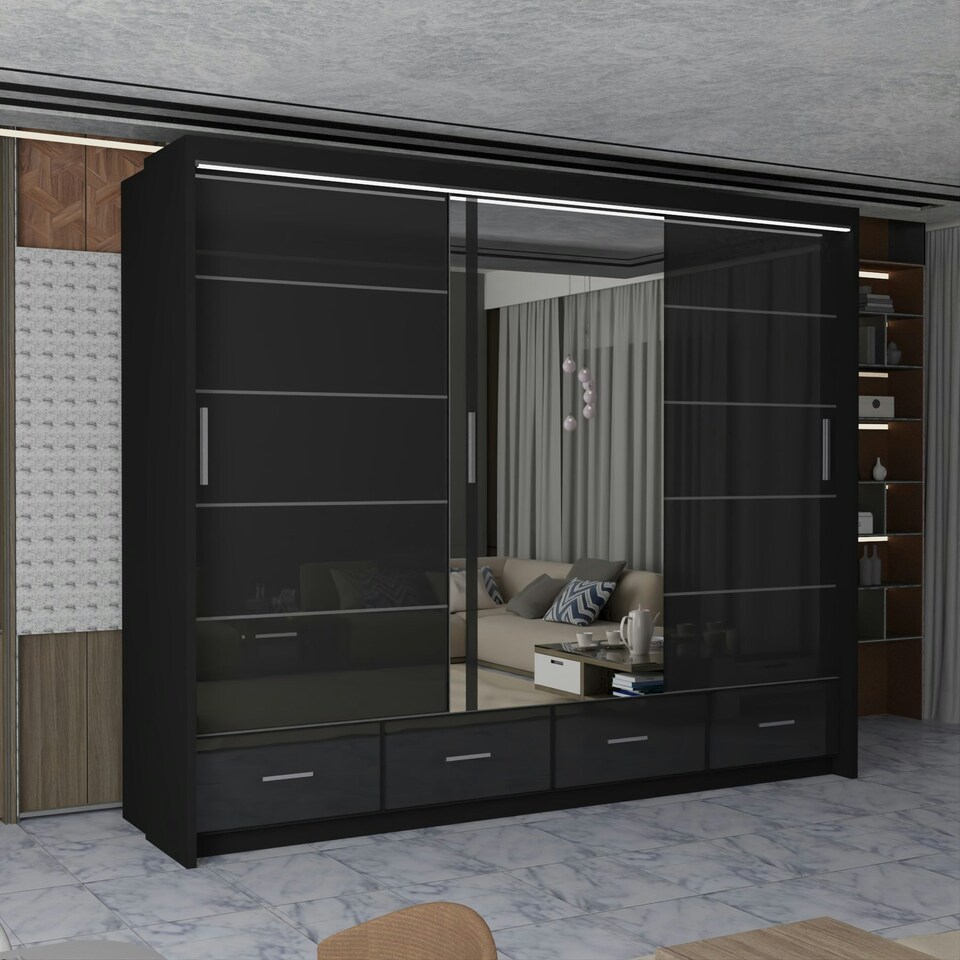 image 1 of Sleek High Gloss Sliding Wardrobe 255cm with Drawers | White/Black/Grey 3-Door Bedroom Storage Black | Black255cm