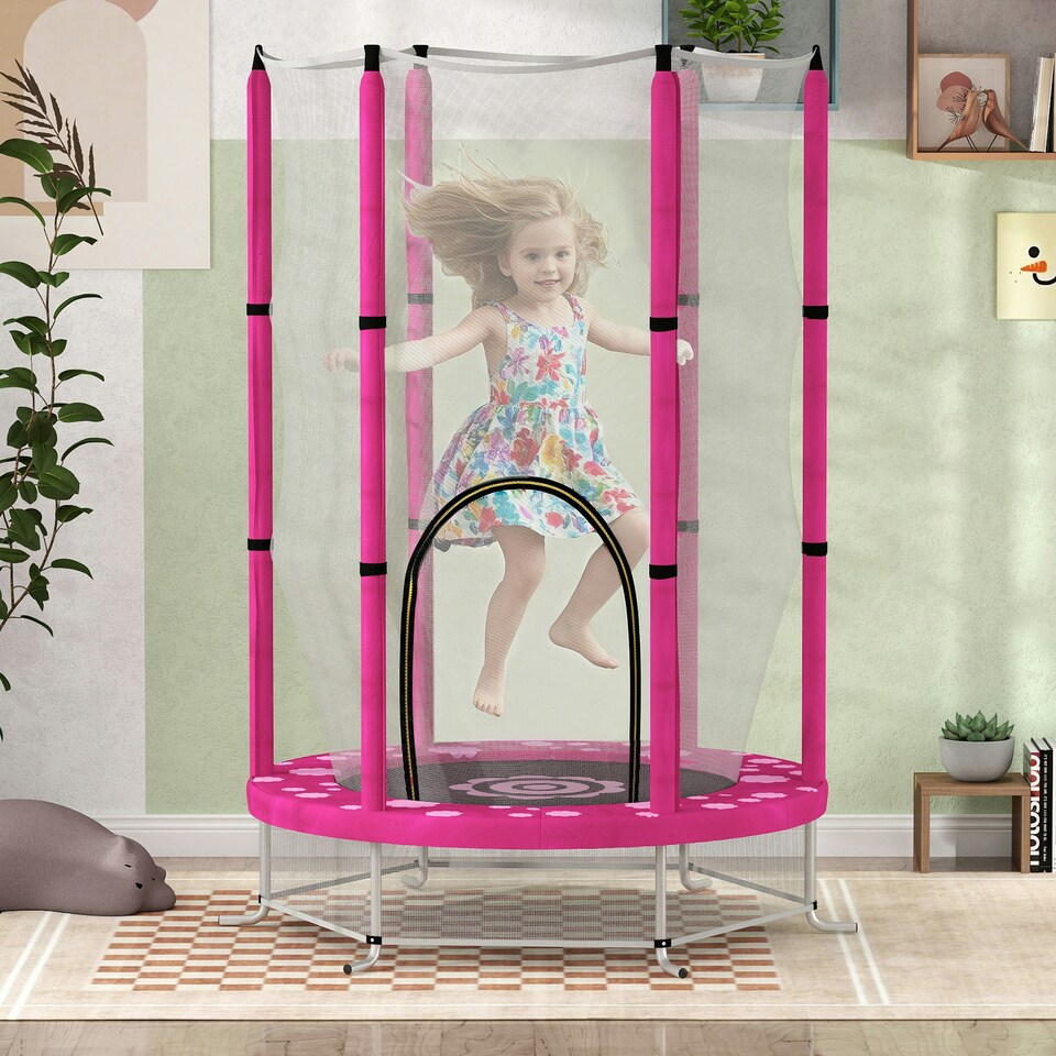 image 1 of AIYAPLAY 4.6FT Kids Trampoline with Safety Enclosure Net, Pink