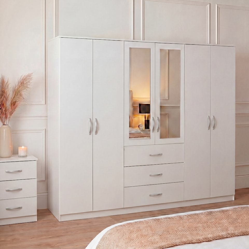 image 1 of Vida Designs Riano 6 Door 3 Drawer XX-Large Mirrored Wardrobe, White
