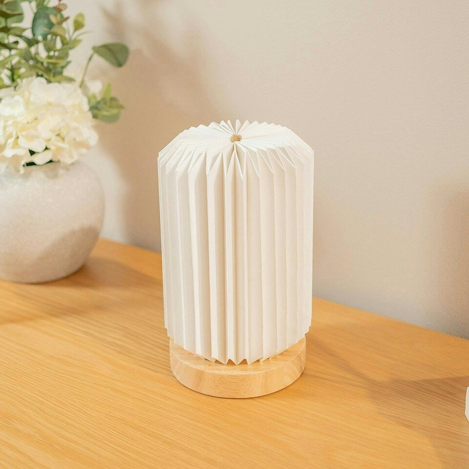 image 1 of ValueLights Maja Pair of Wooden Base Bedside Table Lamps with White Paper Fold Lampshade - Bulbs Included