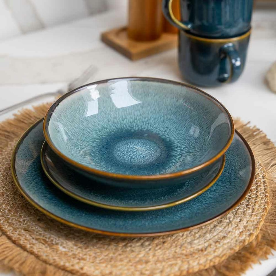 image 1 of Scandi Home Set of Four Stavanger Blue 27cm Artisan Glaze Ceramic Dinner Plates Blue