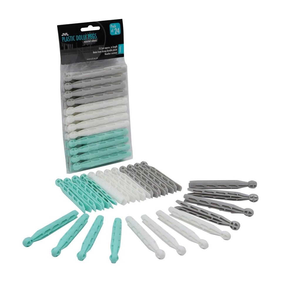 image 1 of JVL Plastic Peg Basket, Grey with 48 Plastic Dolly Pegs, Aqua