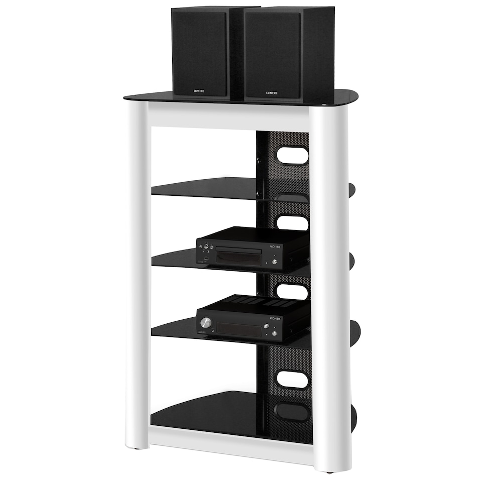 image 1 of Centurion Supports ZINNIA 5-Tier Black Glass Shelves with Gloss White Fascia Entertainment Media Audio Rack | White | Black | 1