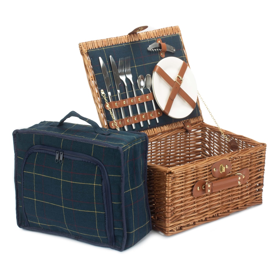 image 1 of 2 Person Blue Tweed Fitted Picnic Basket | Blue | Blue | 1
