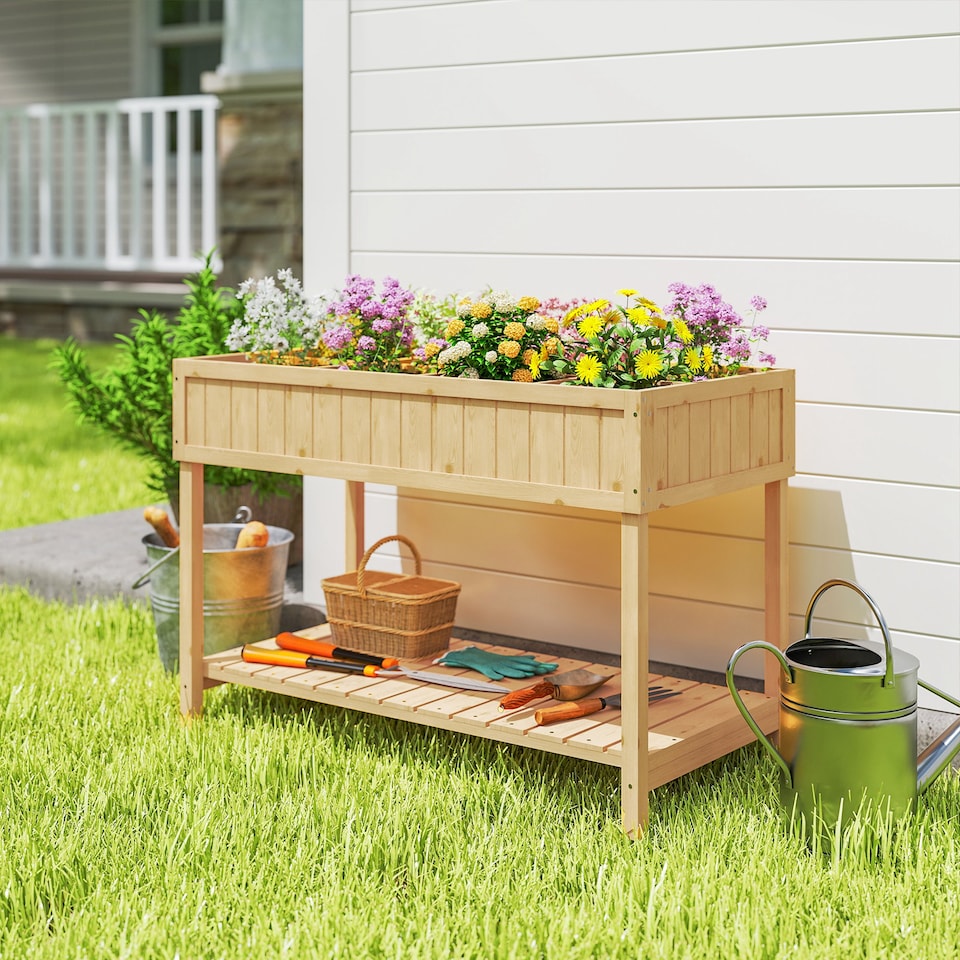 image 1 of Outsunny Wooden Herb Planter Stand 8 Cubes Bottom Shelf Raised Bed Natural