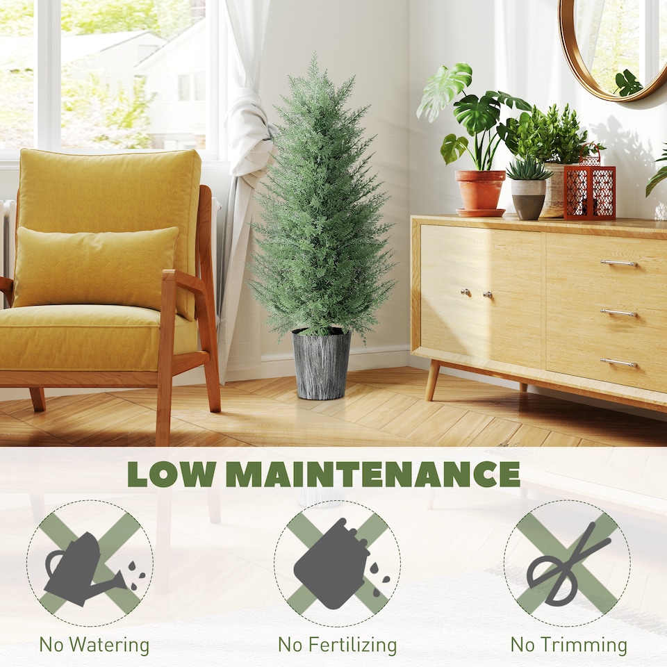image 1 of HOMCOM 90cm Artificial Cypress Trees Set of 2, UV Resistant Artificial Plants with Decorative Pot, Fake Plants for Indoor Outdoor Decor, Green | Green