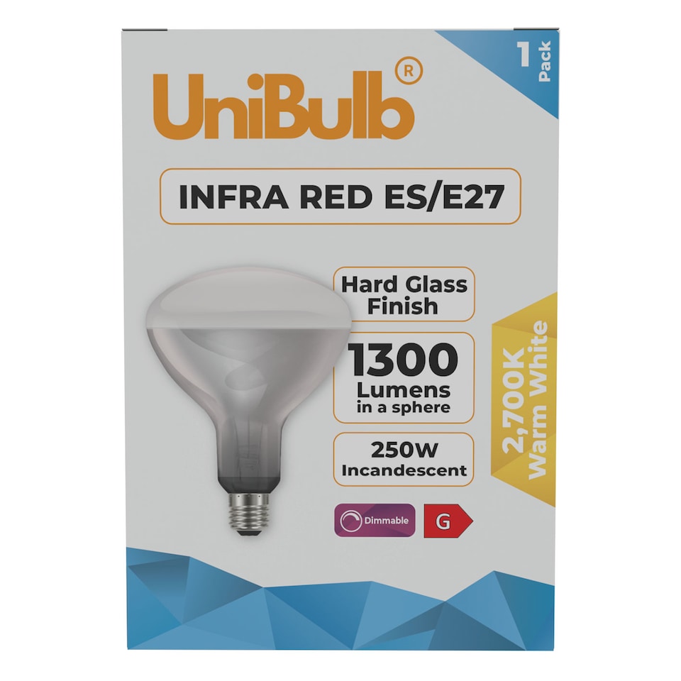 image 1 of UniBulb Infra-Red Heater Lamp Light Bulb E27 1300lm 250W 2700K - Pack of 1 | Clear | Infra Red | 1