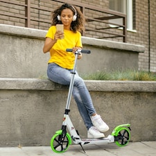HOMCOM Folding Kick Scooter, Adjustable Ride On Scooter with 200mm Big Wheels and Double Shock Absorption, Urban Scooter for 14 older Teens Adult, Green | Green | Green | 94L x 38W x 90-105H cm