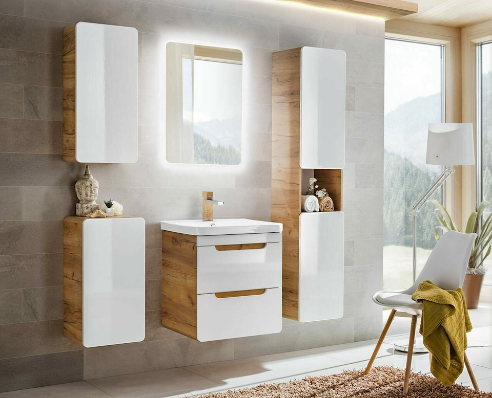 image 1 of Tall Bathroom Cabinet Slim Narrow Tallboy Wall Hung Storage Unit White Gloss and Oak Floating Modern Shelving Aruba