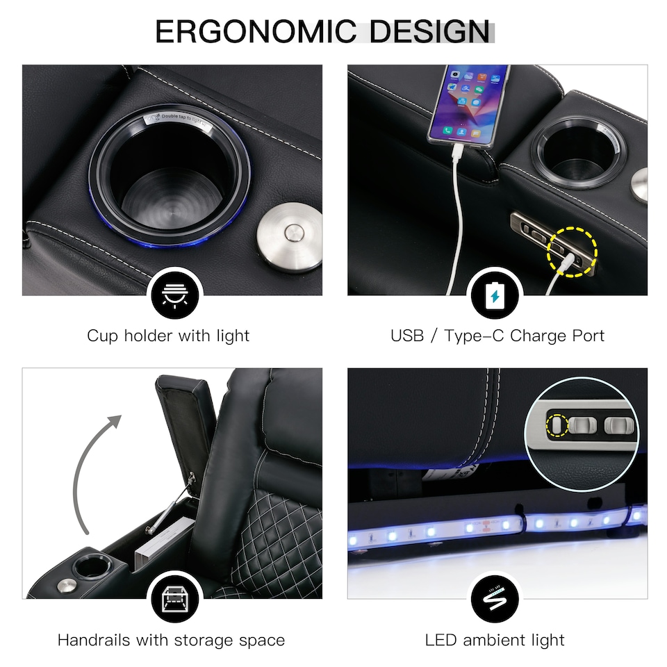 image 1 of Broadway 2 Seater Cinema Electric Recliner Chair USB LED Base w Tray (Black w White stitching)