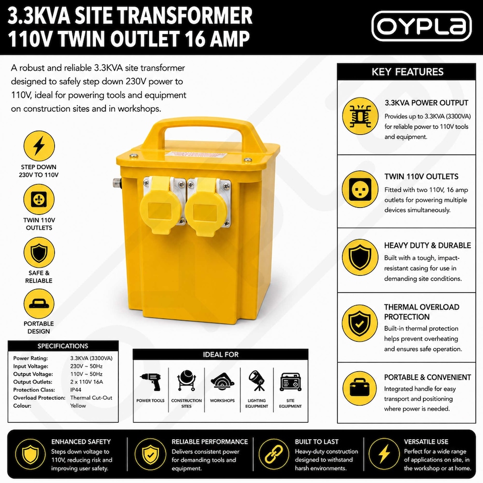 image 1 of 3.3KVA Site Transformer 110V Twin Outlet 16 AMP KVA 3.3 | Yellow