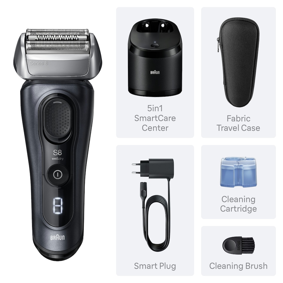 image 1 of Braun Series 8 Electric Shaver, SensoAdapt, SmartCare Center, 8663CC, Grey