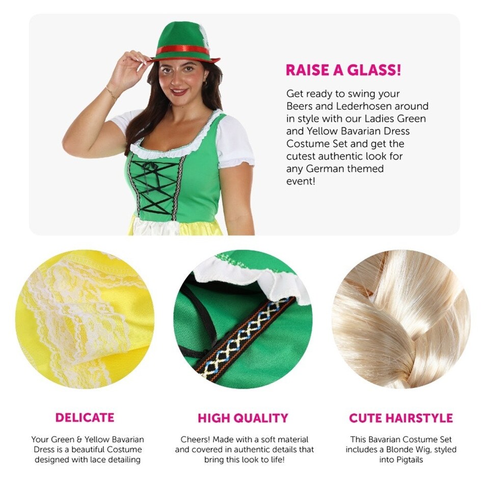 image 1 of Green & Yellow Bavarian Dress with Stockings & Plaits Green | M