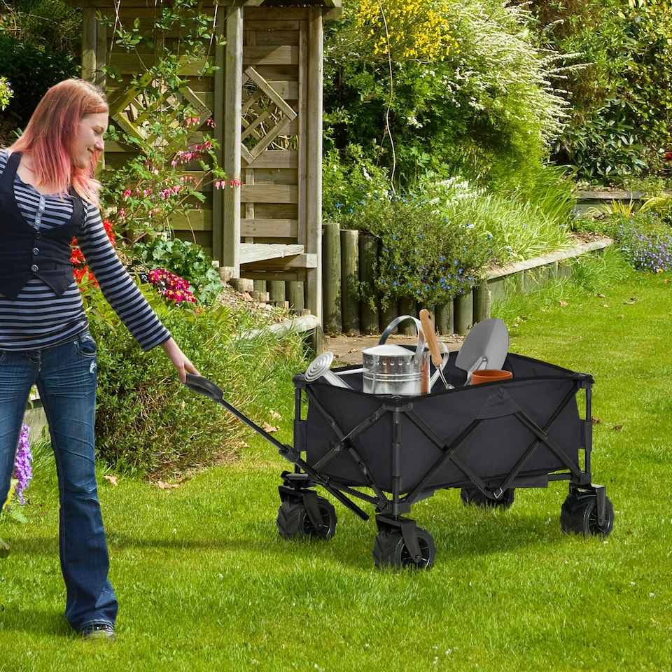 image 1 of Outsunny Outdoor Pull Along Garden Trolley on Wheels Folding Beach Cart Black