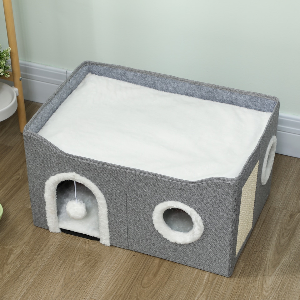 image 1 of PawHut Cat Cave with Fluffy Ball and Scratch Pad for Indoor Pets