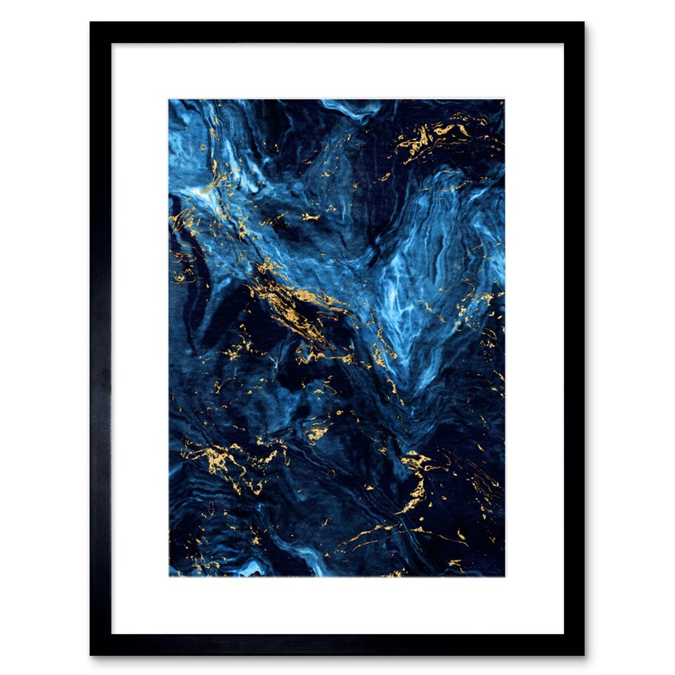 image 1 of Abstract Dark Blue Gold Fluid Paint Bathroom 9x7" Black Framed Wall Art Print