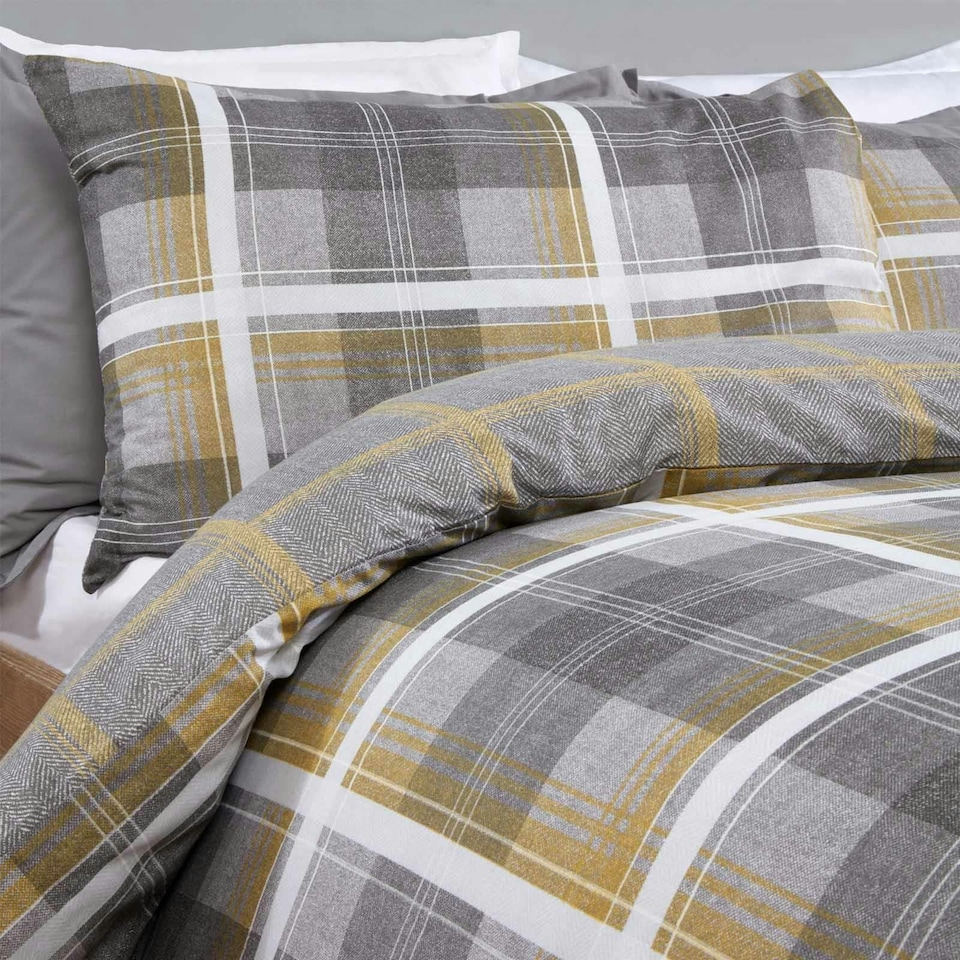 image 1 of OHS Denim Check Print Duvet Cover and Pillowcase Set, Single - Ochre Yellow
