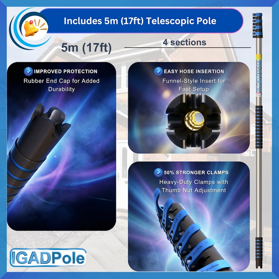 image 1 of IGADPole 5m (17ft) Water-Fed Pole Cleaning Kit – Includes Water-fed Brush, Cobweb & Microfibre Duster, Soap Dispenser & Hose Tap