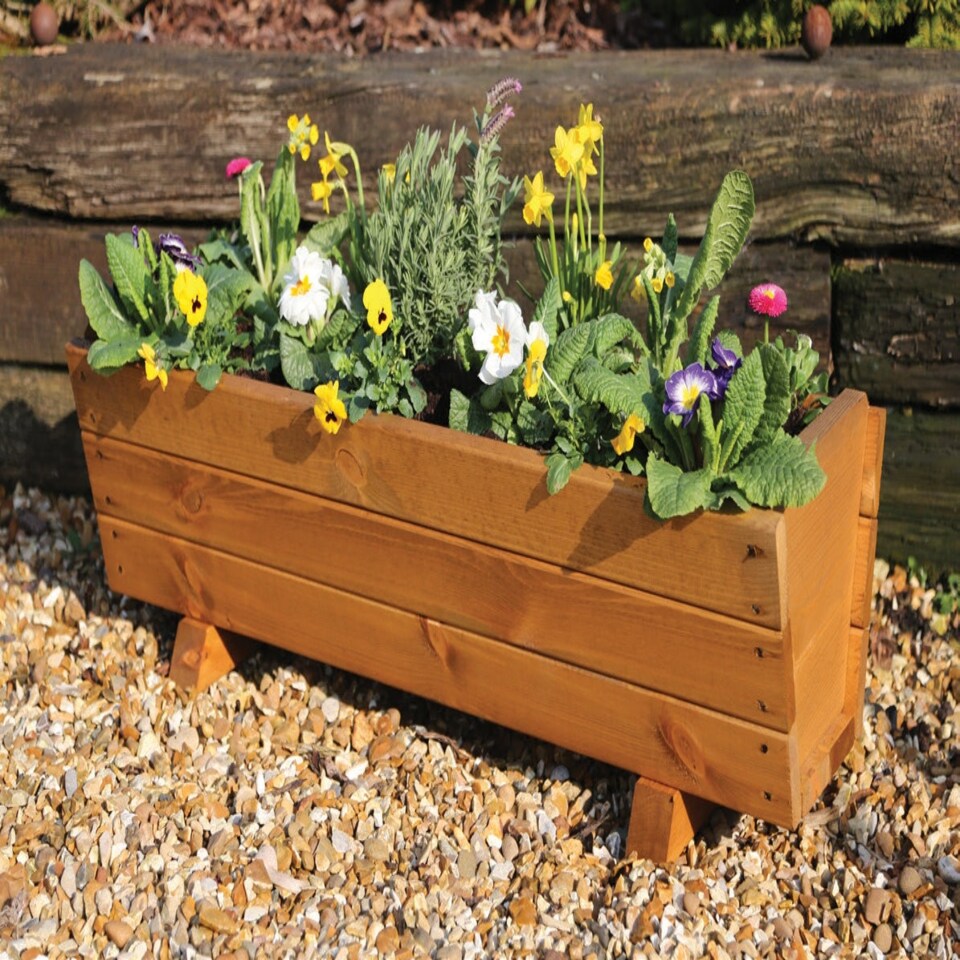 image 1 of Tom Chambers Hand Made 87cm x 28cm Traditional Rustic Wooden Large Garden Trough Flower Bed Planter Brown