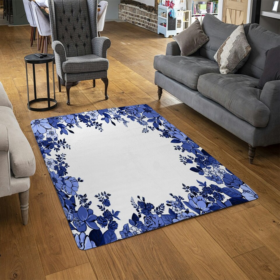 image 1 of Winter Floral Frame (Rug) Blue | Small: 60x110cm