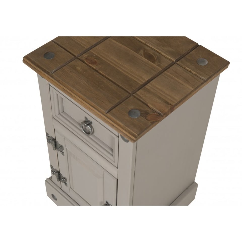 image 1 of Mercers Furniture Corona Grey Wax Narrow Pot Cupboard Bedside Cabinet 1 Door 1 Drawer Table Solid Wood Pine Wooden Bedroom with Mexican Styling