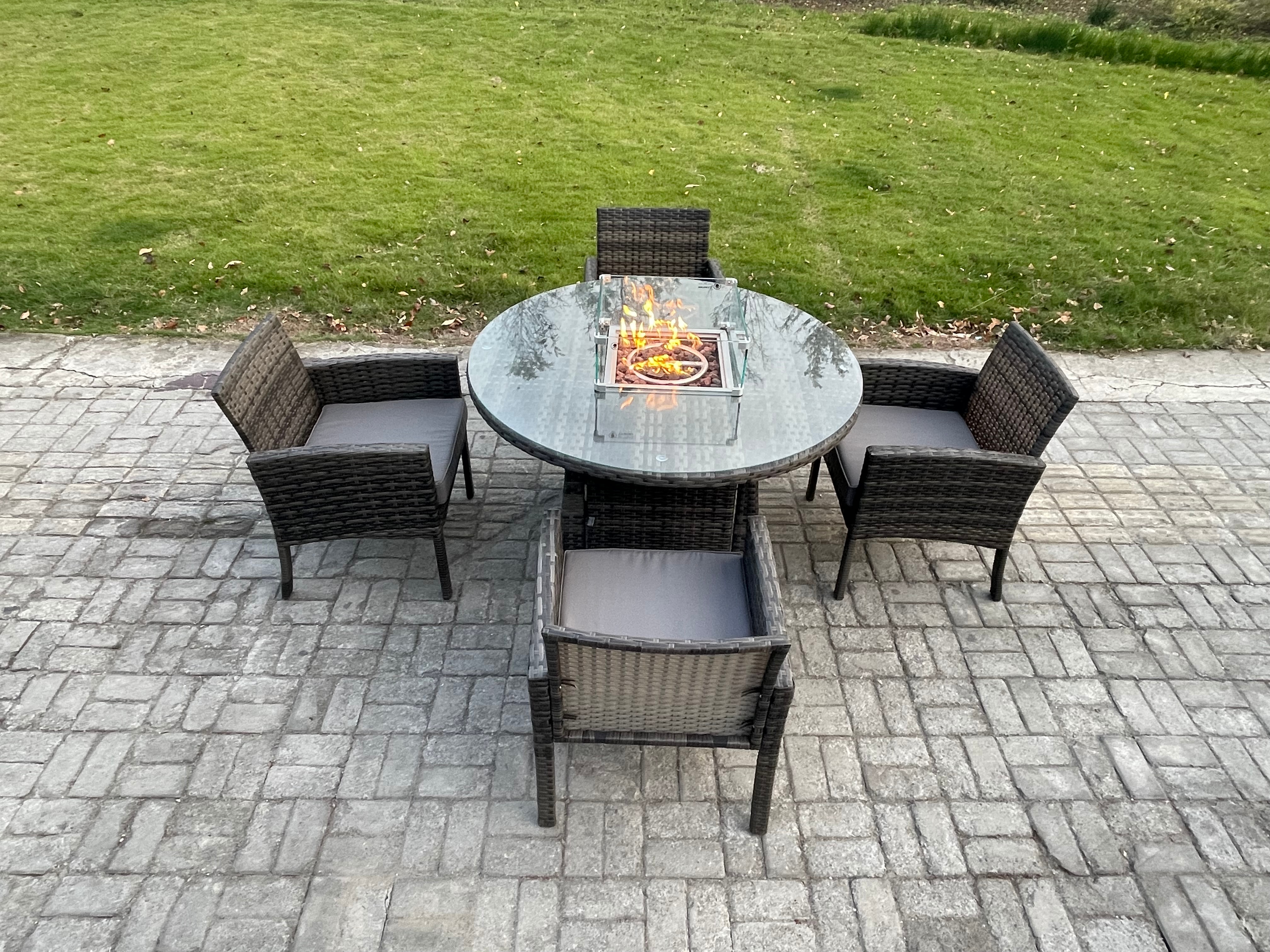 Fimous Outdoor Rattan Garden Furniture Set Gas Fire Pit Round Table Sets Gas Heater with 4 Seater Dining Cahirs Dark Grey Mixed