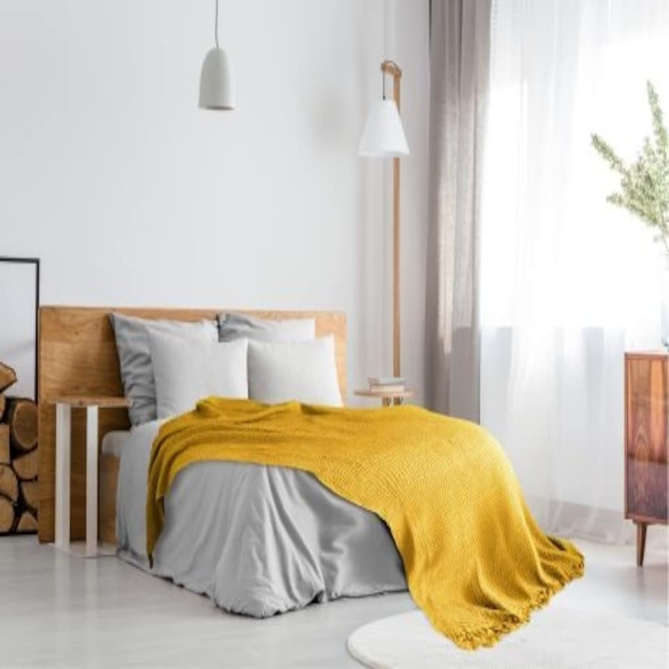 image 1 of Waffle Collection Recycled Cotton Throw in Ochre (90" x 100")