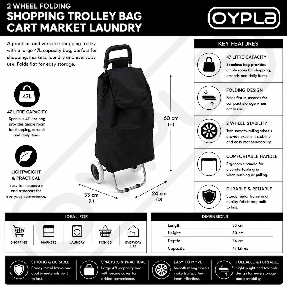 image 1 of 2 Wheel Folding Shopping Trolley Bag Cart Market Laundry | Black
