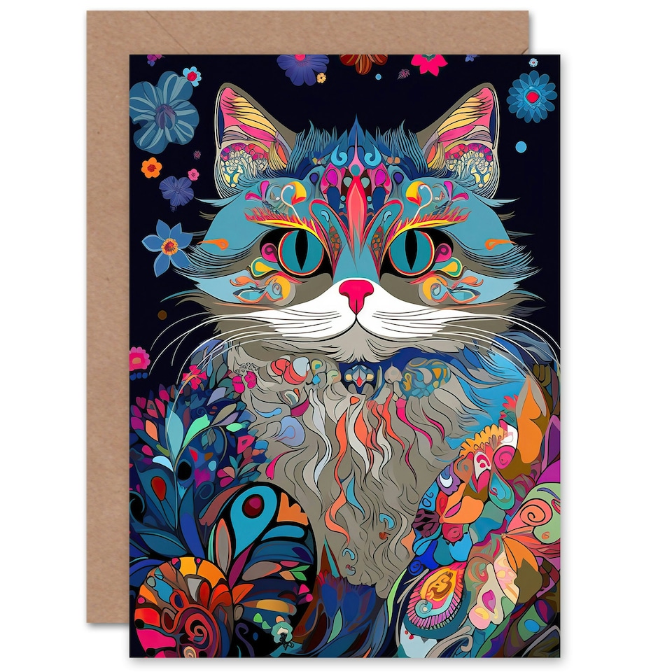 image 1 of Alice in Wonderland Cheshire Cat Trippy Colourful Greeting Card