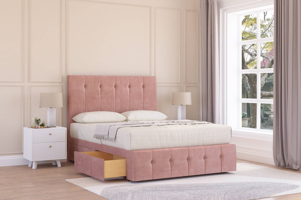 image 1 of Sloomy Cambridge Pink Plush Divan Bed With Mattress 4 Drawers With 26" Strutted Headboard & 12" Matching Footboard 5' King | Pink | Pink | King | 1