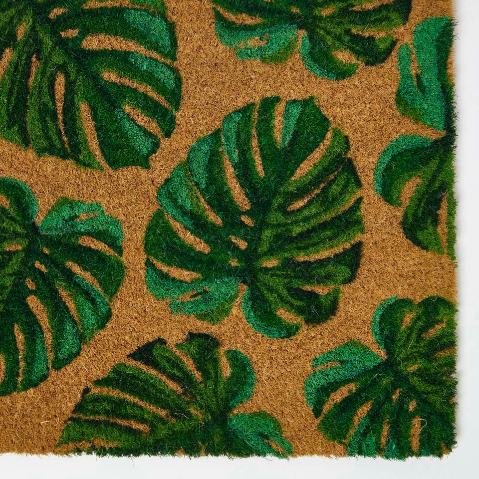 image 1 of Homescapes Coir Doormat Green Tropical Leaves - 40 x 60 cm