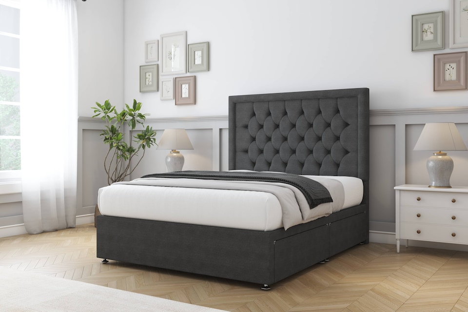 image 1 of Sloomy Montana Graphite Dumfries Divan Bed Base 2 Drawers Foot-End With 26 Inch Strutted Headboard | Grey | Graphite | Small Double | 1