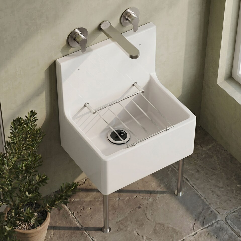 image 1 of Balterley Single Bowl Fireclay Ceramic Cleaner Sink with Grill & Legs | White | White | 393 x 515 x 535mm | 1