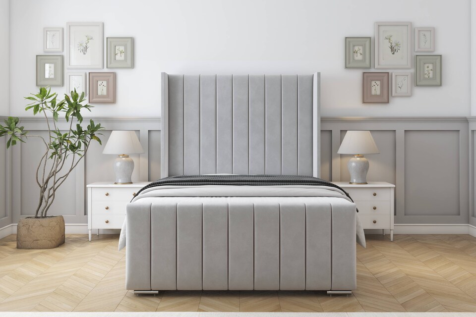 image 1 of Sloomy Melbourne Silver Plush Bed Frame With Mattress  With 50" Upholstered Wingback Headboard 6' Super King