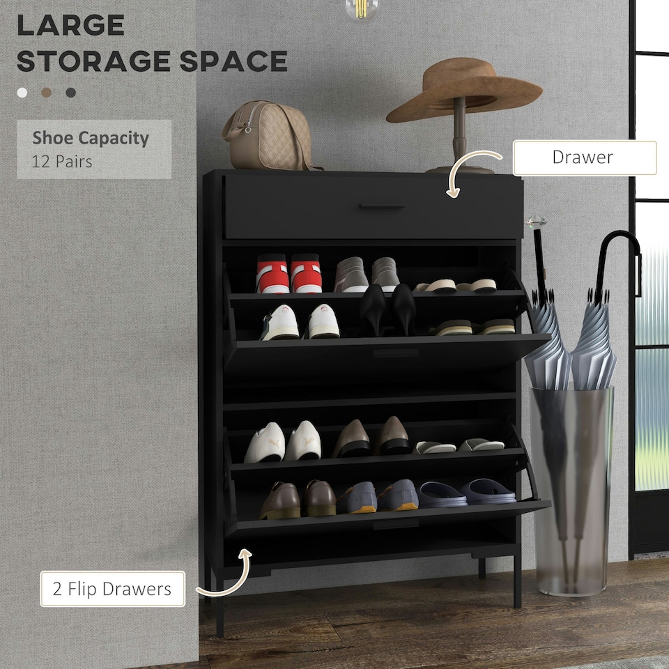 image 1 of HOMCOM Shoe Storage Cupboard with 2 Flip Doors and Sliding out Drawer, Black