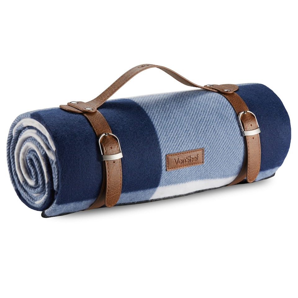 image 1 of VonShef Picnic Blanket Large Navy & White Tartan for Outdoor