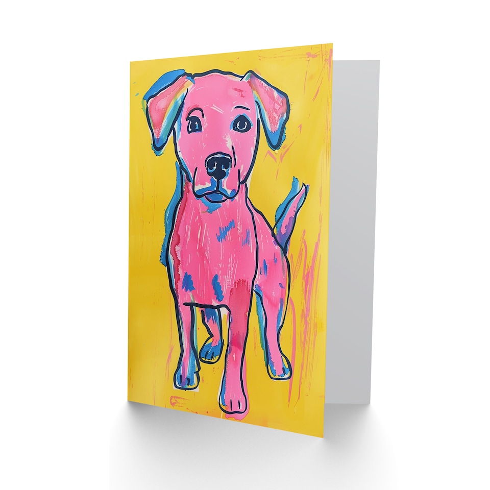 image 1 of Cute Puppy Pop Art Pink Yellow Blue Dog Lover Birthday Card