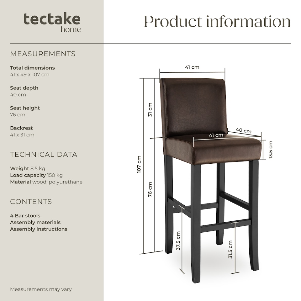 image 1 of Bar Stools with a padded backrest and faux leather cover | Brown | brown | 41 x 40 x 107 cm | 4