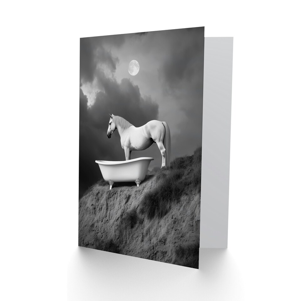 image 1 of Horse Bathtub Full Moon Cliff Surreal Black White Birthday Greeting Card
