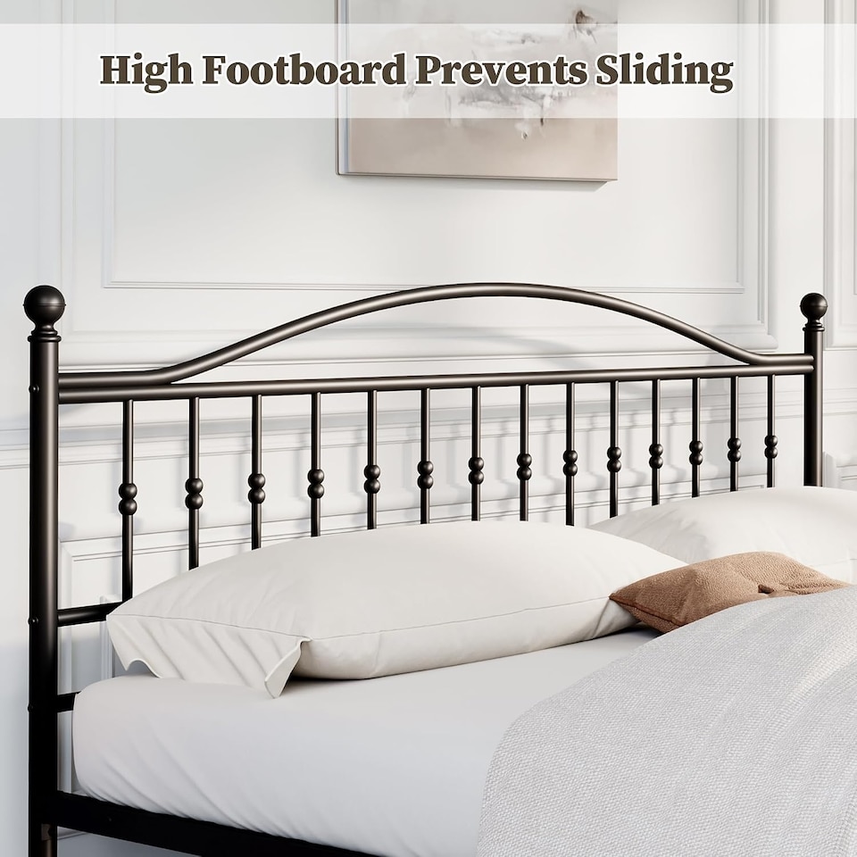 image 1 of London Boutique Double Metal Bed Frame with Anti-Slip High Footboard, 300kg Capacity, Black/195x140cm