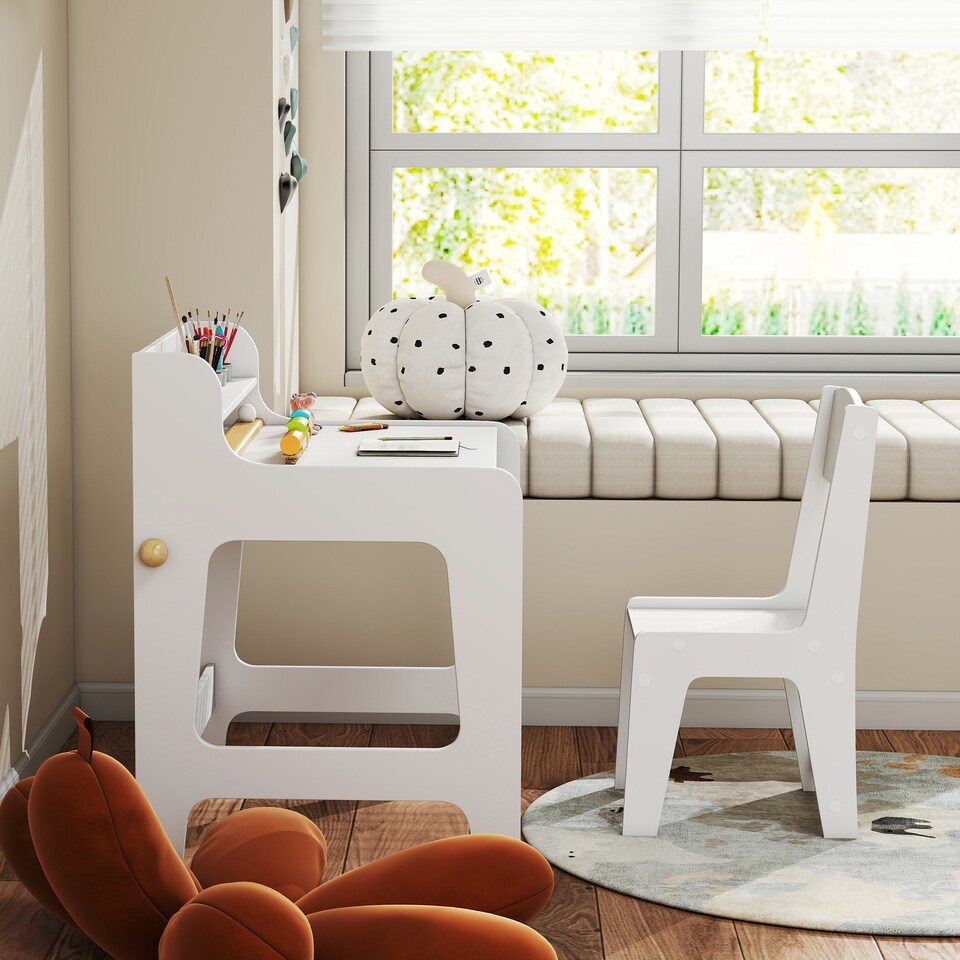 image 1 of AIYAPLAY Kids Desk and Chair Set, Art Table and Chair Set for children with Hutch & Drawers, Gift for Aged 3-8, Student Study Writing Table for Home School Bedroom Playroom