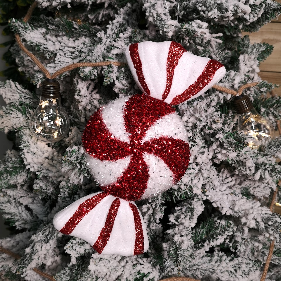 image 1 of 28cm Red and White Glitter Candy Stripe Sweet Hanging Christmas Decoration