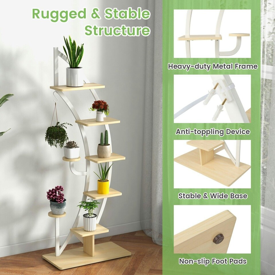 image 1 of COSTWAY 2 Pcs Wooden 8-Tier Plant Stand Rack Half Moon Shelf White