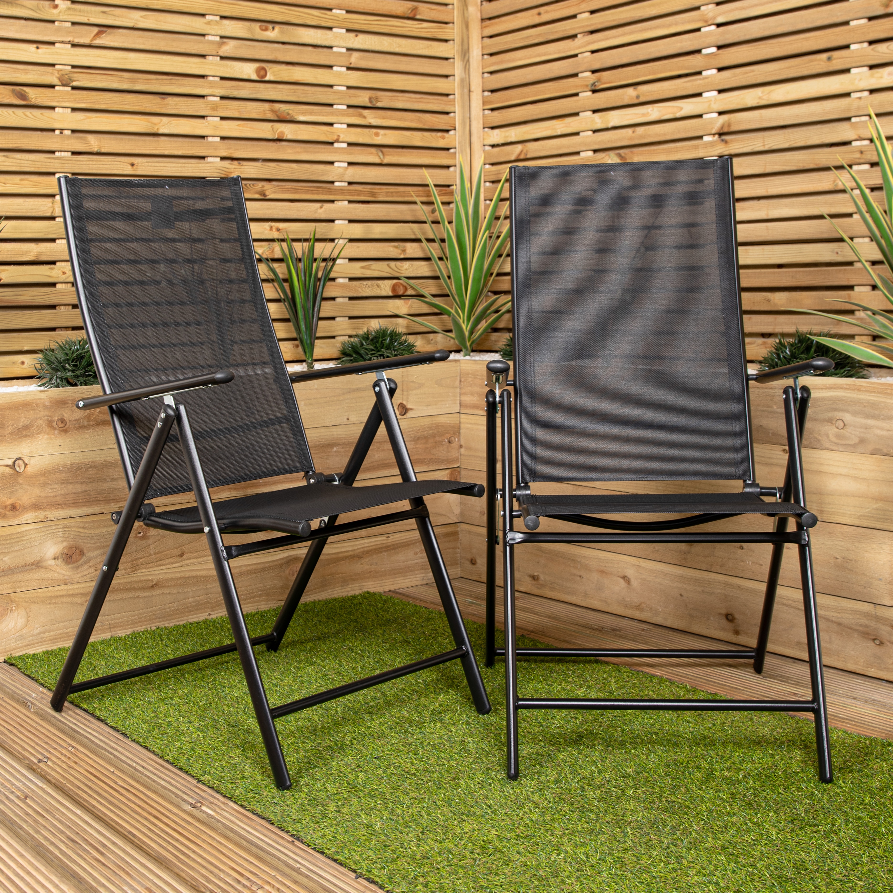 Set of 2 Outdoor Garden Patio Multi Position Reclining Folding Chair in Black | Black | Black