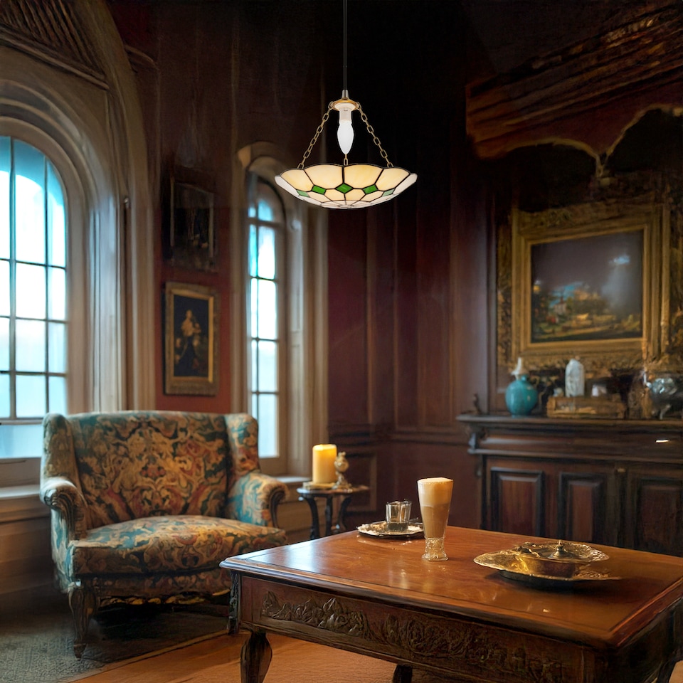 image 1 of Classic Amber Stained Glass Tiffany Pendant Lighting Shade with Green Diamonds | Green