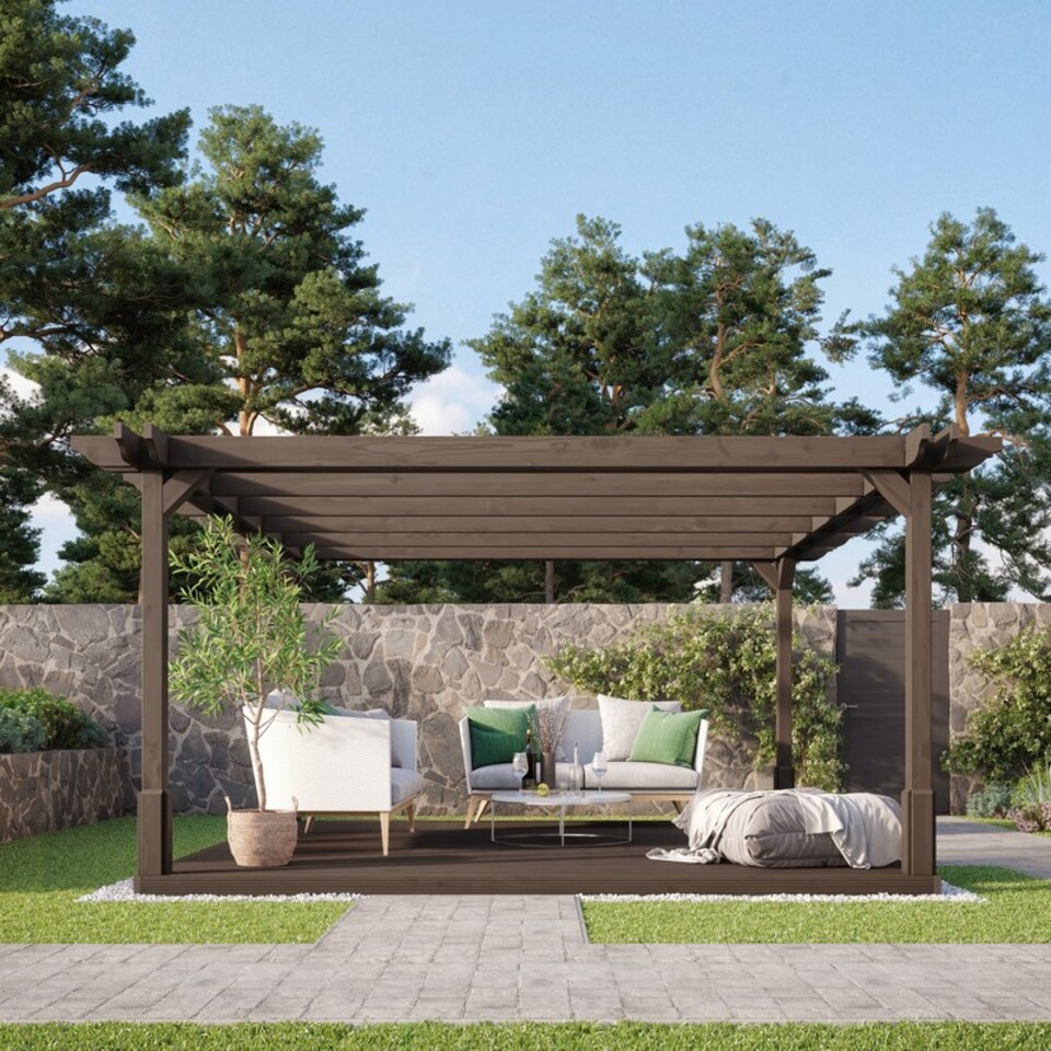 image 1 of Double Premium Pergola and Decking Kit - Wood - L300 x W300 cm - Rustic Brown