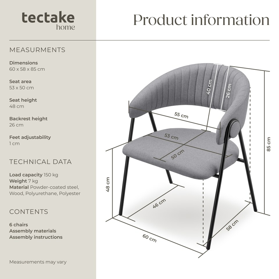 image 1 of Dining Chair Bedano - woven fabric, padded, 150 kg load capacity | Grey | grey | 6